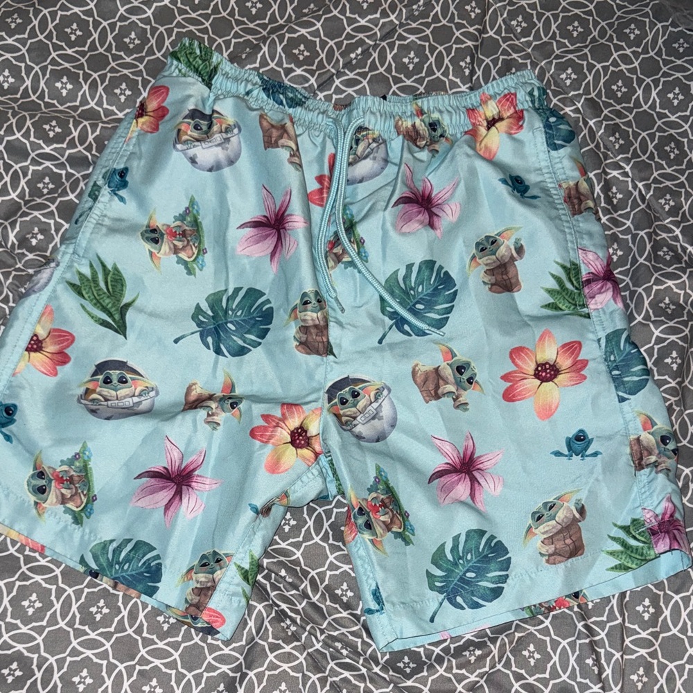 Star Wars Baby Yoda Floral Swim Trunks - Light Blue